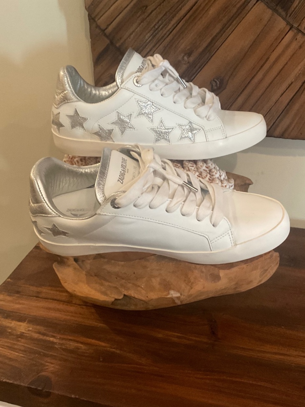 Zadig & Voltaire Women’s  Zadig Stars Distressed Leather  Sneakers, White, 38